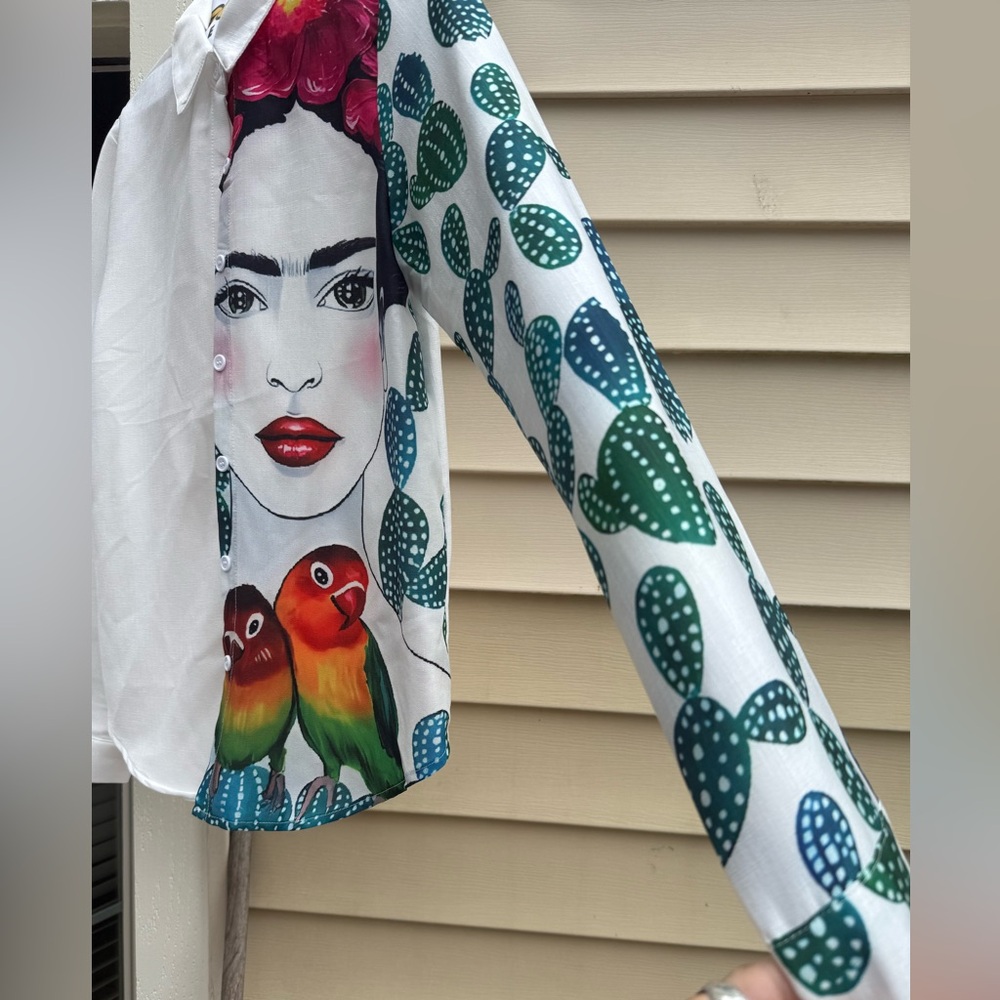 Artistic Button Down Long Sleeve Shirt with Tropical Female Face. - Picture 3 of 4